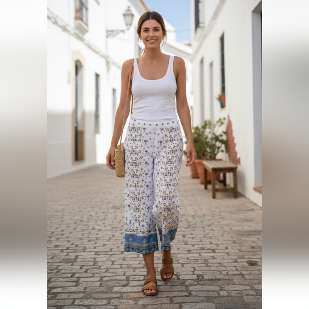 XL Joie Women Floral Wide Leg Cropped Pants 100% Linen Pockets Elastic Waist